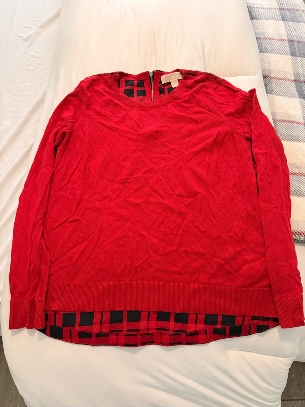 Michael Kors Red Crewneck Sweater with Plaid Hem
